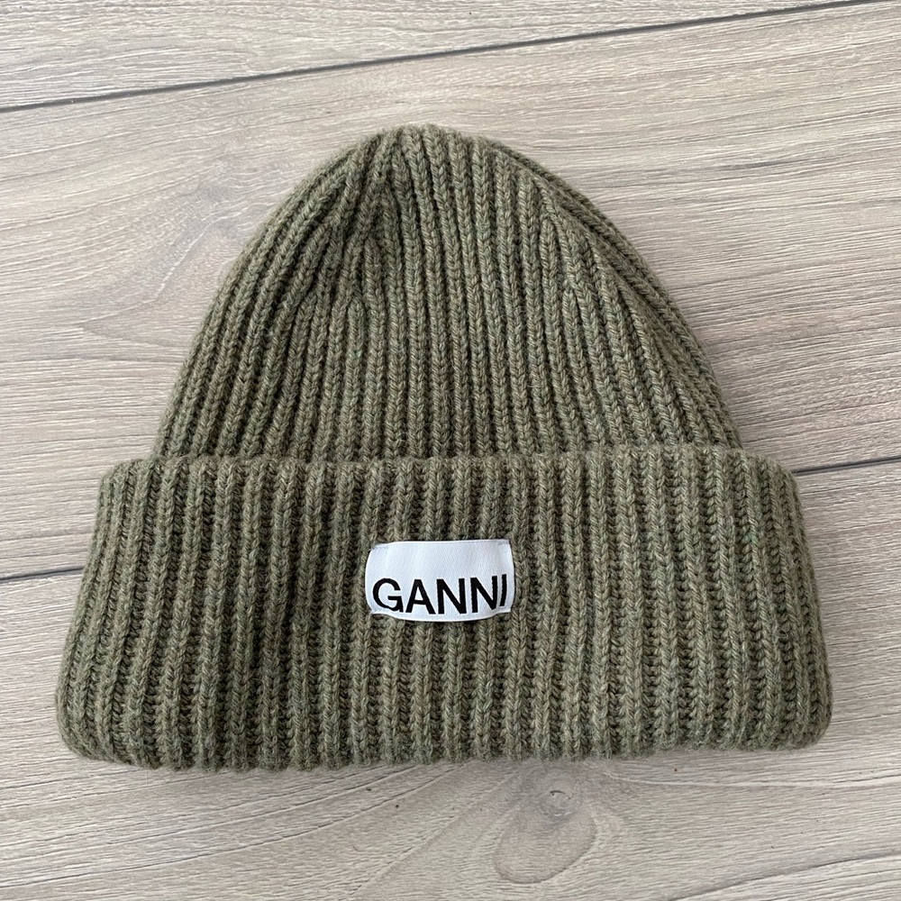 Authentic Ganni Khaki Ribbed Knit Beanie